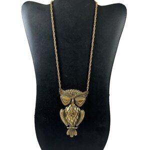 Louis Giusti Owl Pendant Statement Necklace Brutalist Goldtone Vintage 1960s